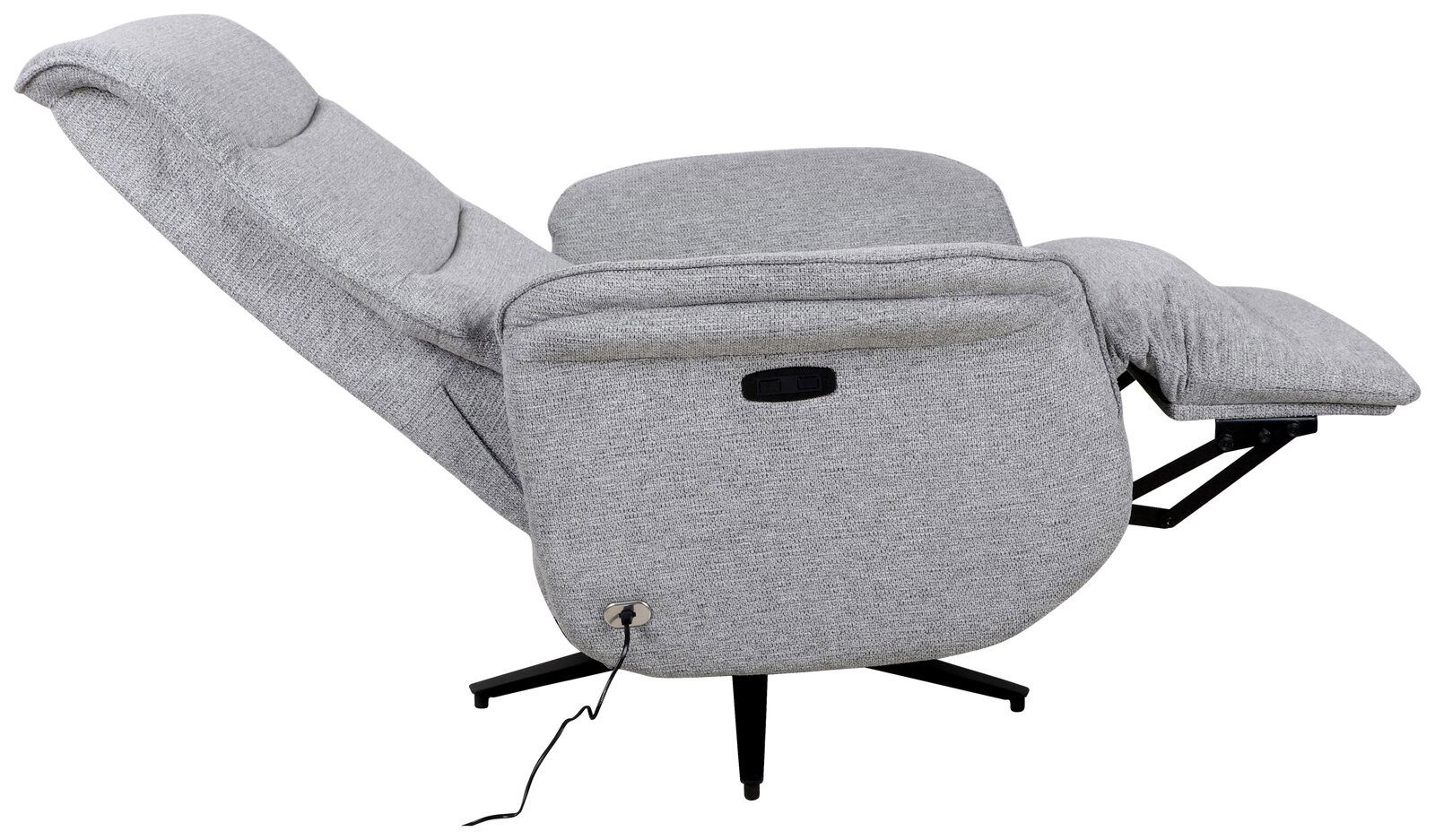 Grauer, drehbarer Relaxsessel in seitlicher Perspektive mit ausgeklappter Fußstütze.