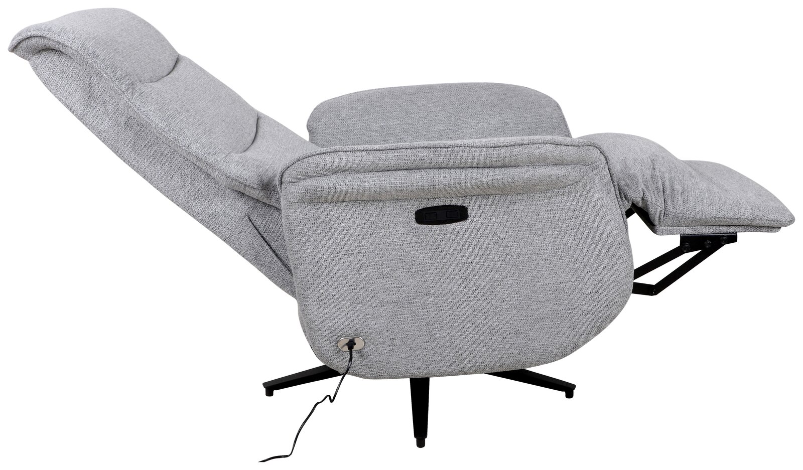 Grauer, drehbarer Relaxsessel in seitlicher Perspektive mit ausgeklappter Fußstütze.