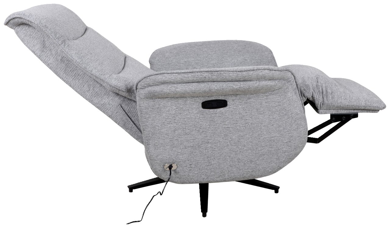 Grauer, drehbarer Relaxsessel in seitlicher Perspektive mit ausgeklappter Fußstütze.