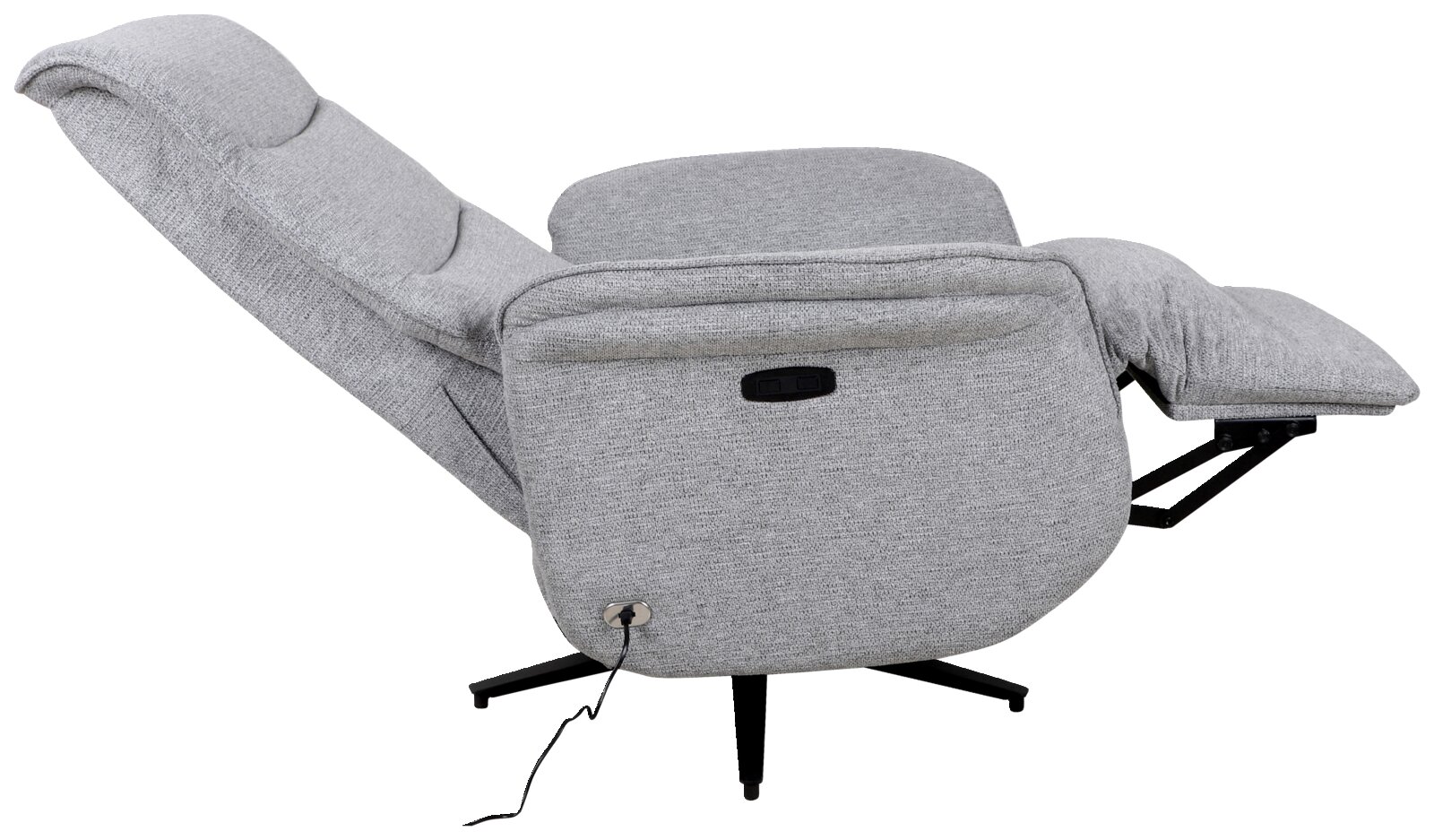 Grauer, drehbarer Relaxsessel in seitlicher Perspektive mit ausgeklappter Fußstütze.