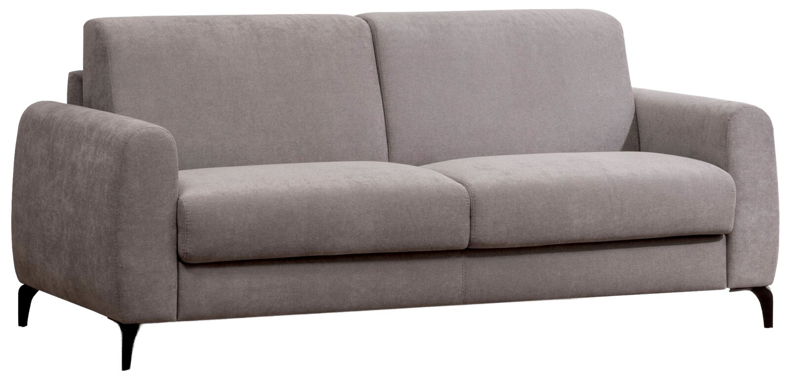 Alberto Martinelli Funktionssofa MARTINA Graues 2-Sitzer-Sofa mit Stoffbezug, breiten Armlehnen und schwarzen Füßen, Ansicht schräg von vorne