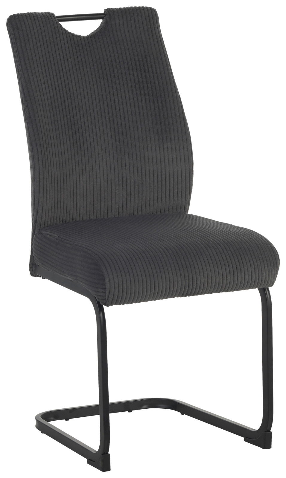 Moderner Schwingstuhl mit grauem, geripptem Stoffbezug und schwarzem Metallgestell, seitliche Perspektive