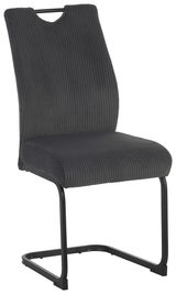 Moderner Schwingstuhl mit grauem, geripptem Stoffbezug und schwarzem Metallgestell, seitliche Perspektive