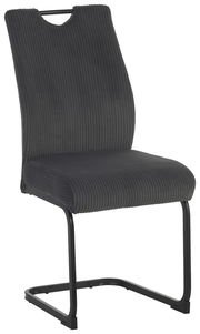 Moderner Schwingstuhl mit grauem, geripptem Stoffbezug und schwarzem Metallgestell, seitliche Perspektive