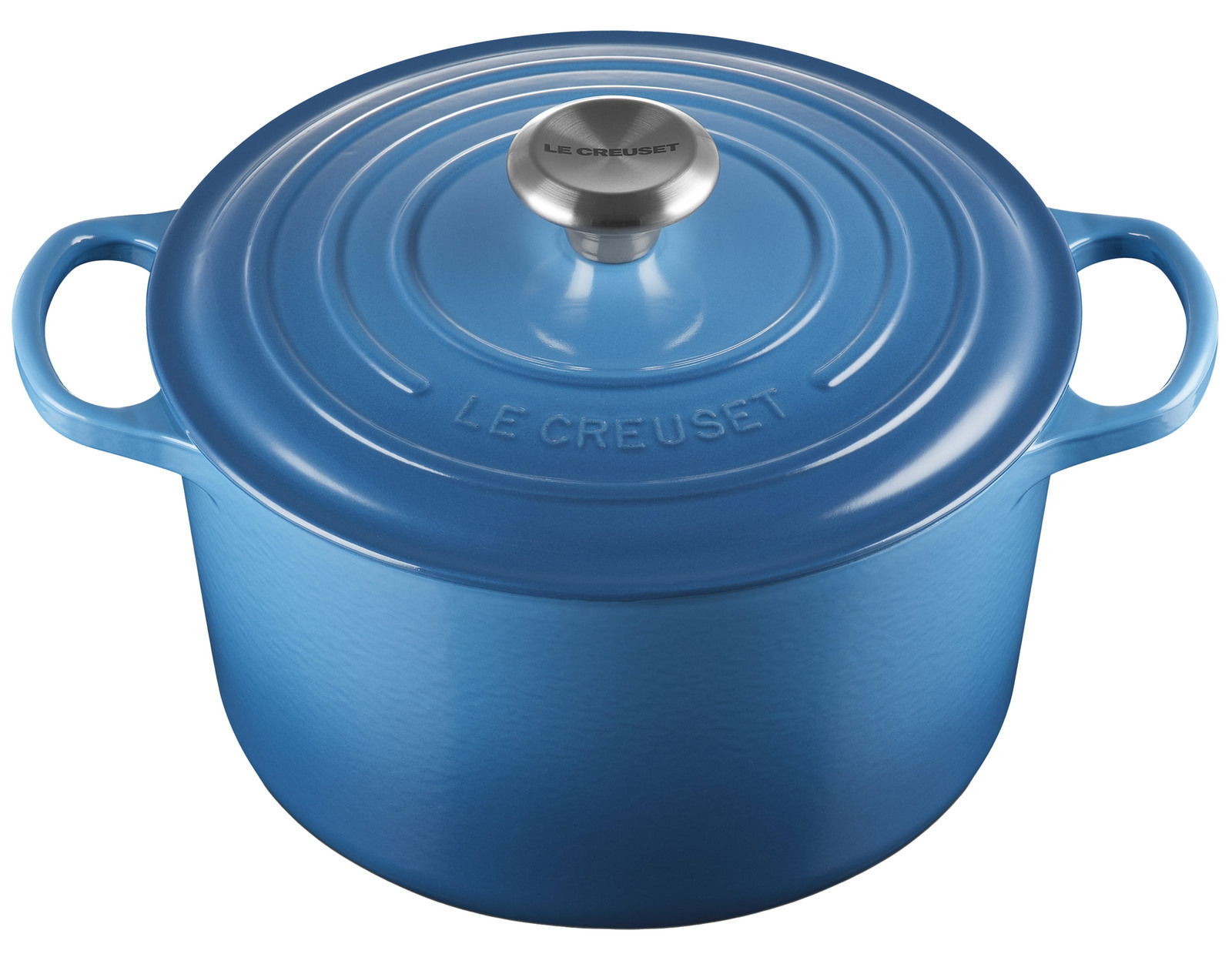 Blauer runder Bräter mit Deckel und zwei Griffen, von schräg oben fotografiert.