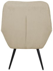 Rückansicht eines Sessels mit beigem, geripptem Stoffbezug und schwarzen Metallbeinen.