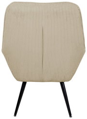 Rückansicht eines Sessels mit beigem, geripptem Stoffbezug und schwarzen Metallbeinen.
