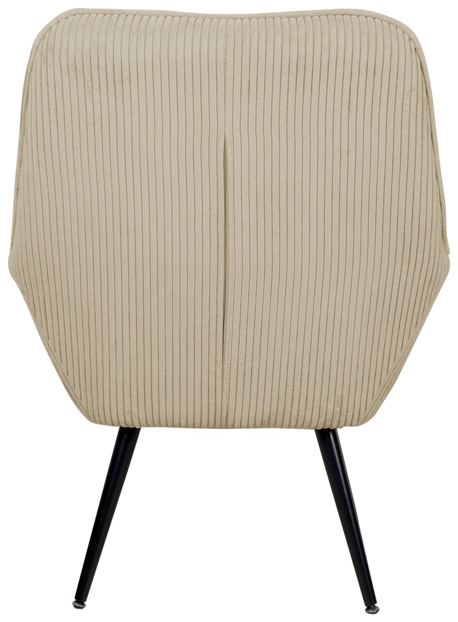 Achterkant van een fauteuil met een beige, geribbelde stoffen bekleding en zwarte metalen poten.