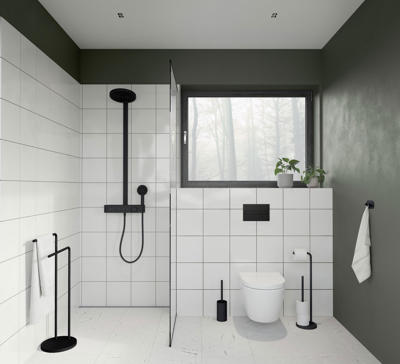 Moderne Badezimmeransicht mit schwarzer WC-Bürste aus Stahl neben einer Toilette, umgeben von weißen Fliesen und grünen Wänden.