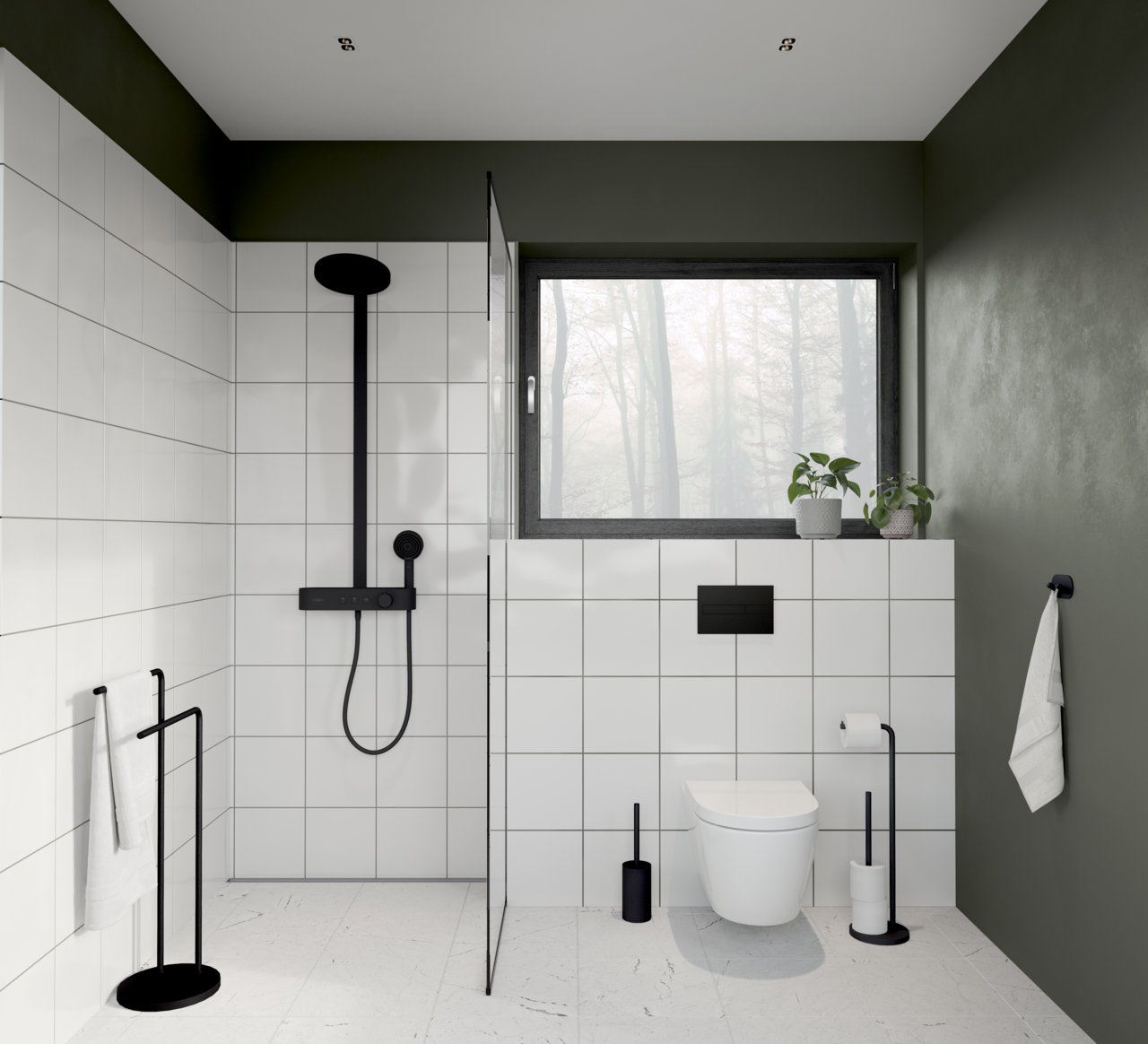 Moderne Badezimmeransicht mit schwarzer WC-Bürste aus Stahl neben einer Toilette, umgeben von weißen Fliesen und grünen Wänden.