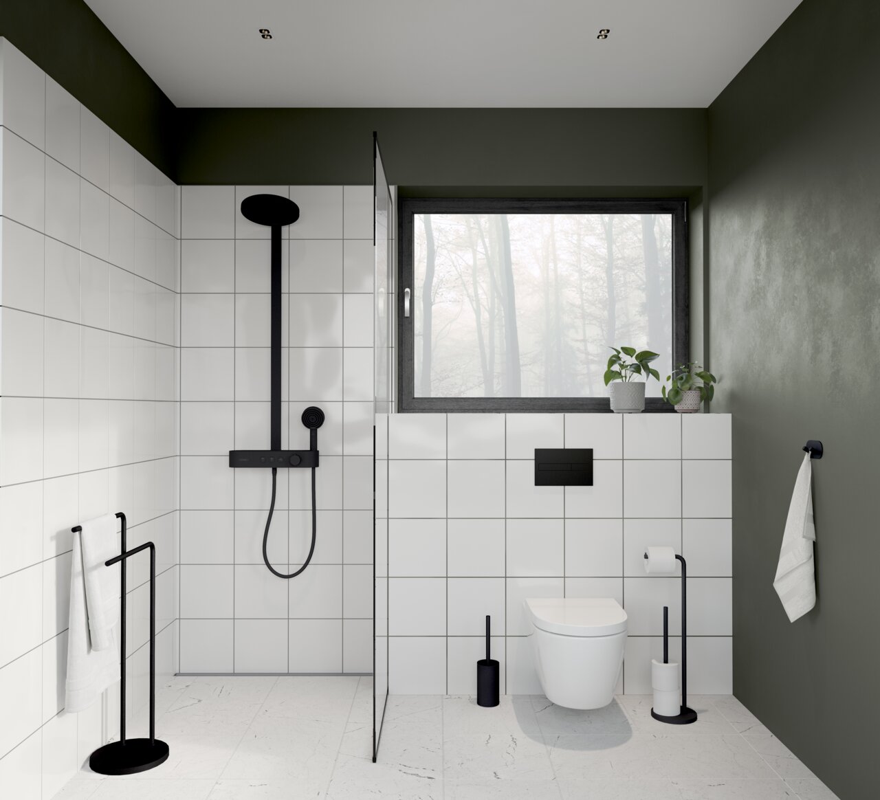 Moderne Badezimmeransicht mit schwarzer WC-Bürste aus Stahl neben einer Toilette, umgeben von weißen Fliesen und grünen Wänden.