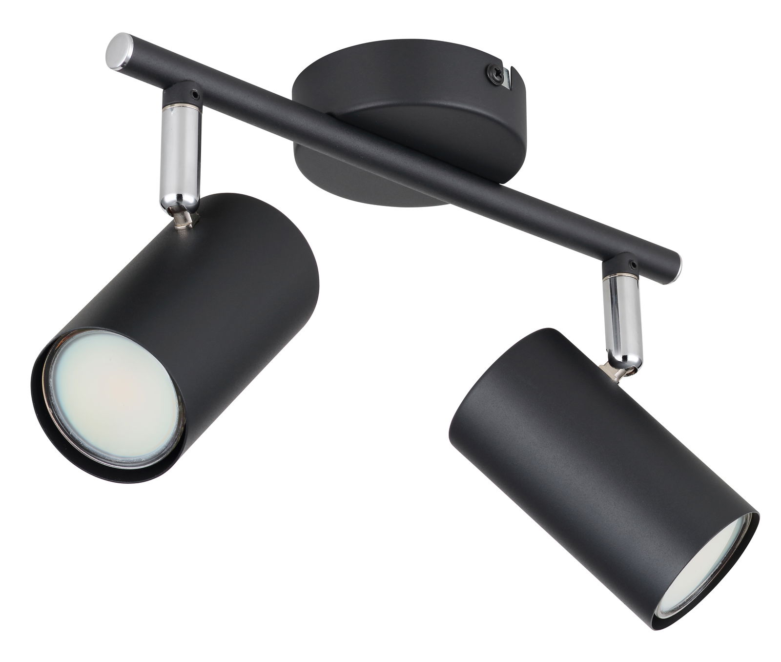Moderner schwarzer Strahler mit zwei verstellbaren Leuchten, seitliche Perspektive