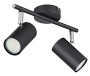 Moderner schwarzer Strahler mit zwei verstellbaren Leuchten, seitliche Perspektive