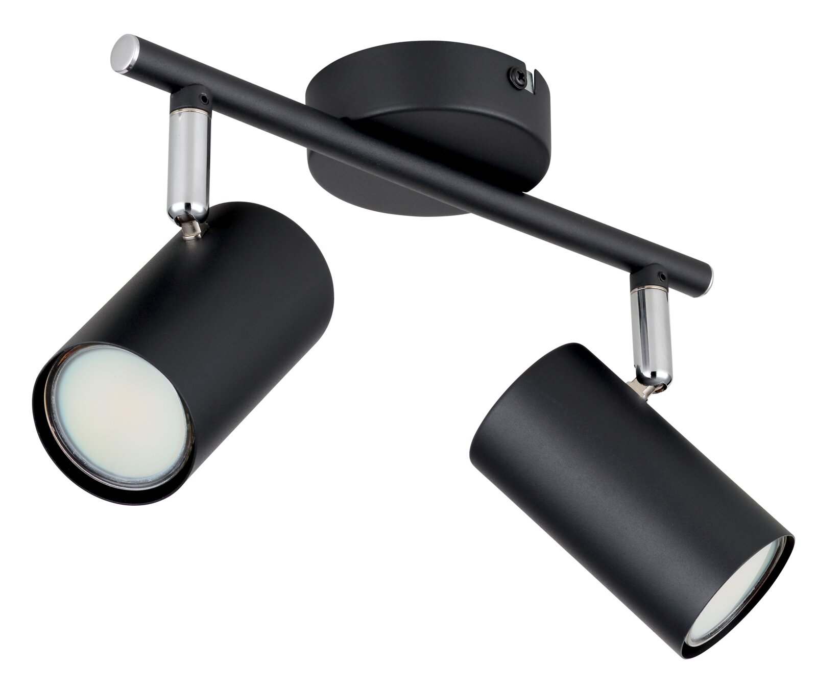 Moderne zwarte spot met twee verstelbare lampen, zijaanzicht