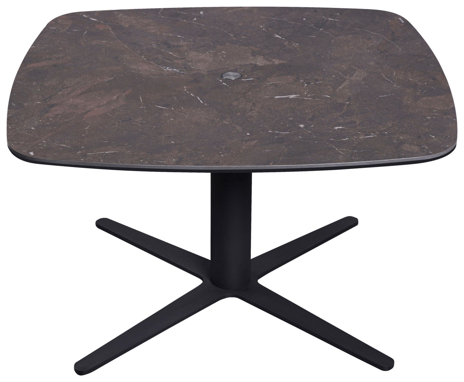 Moderner Couchtisch mit quadratischer, marmorierter Tischplatte und schwarzem Metallfuß, seitliche Perspektive.