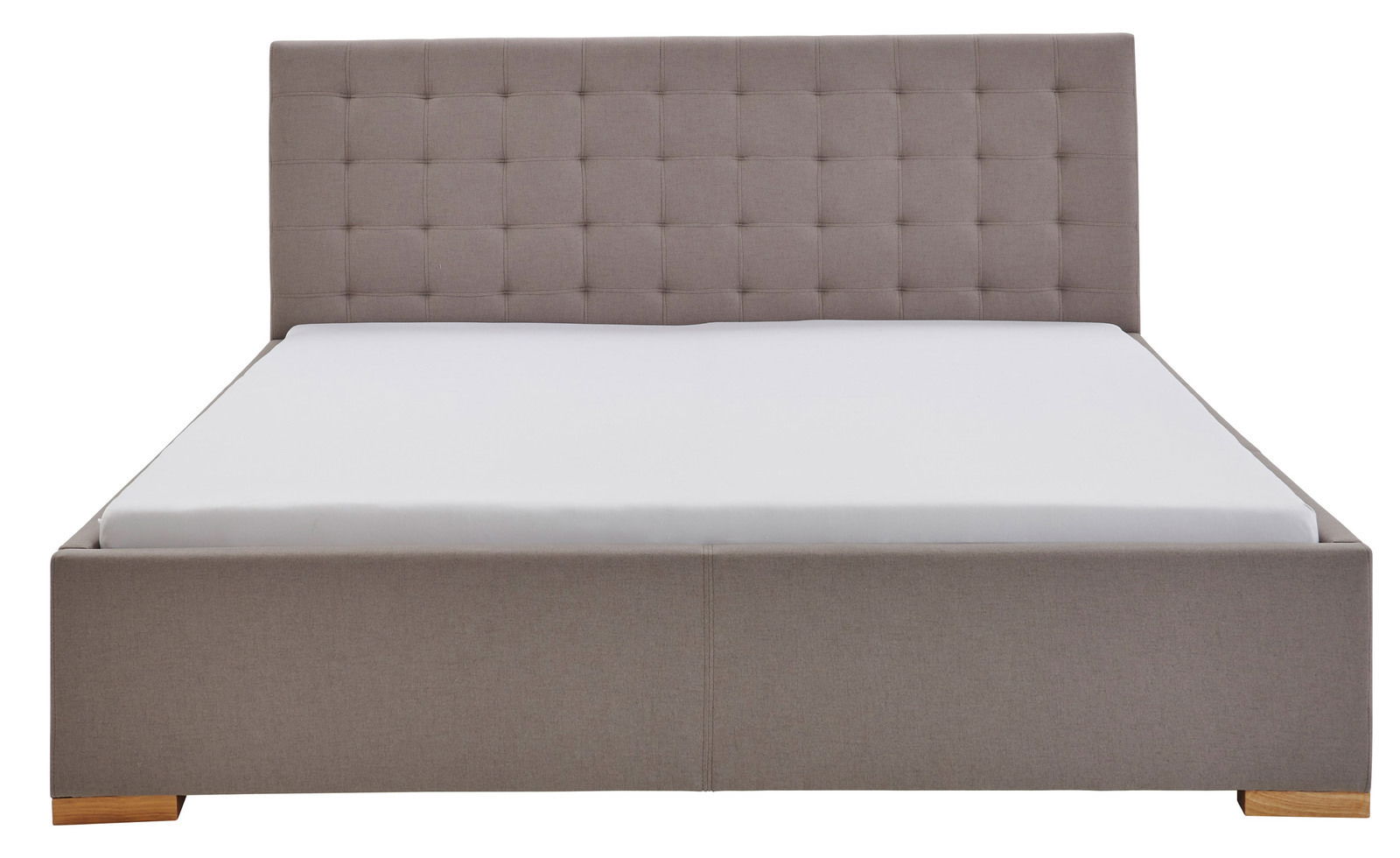 Frontale Ansicht eines grauen Polsterbetts mit gestepptem Kopfteil und Holzfüßen.