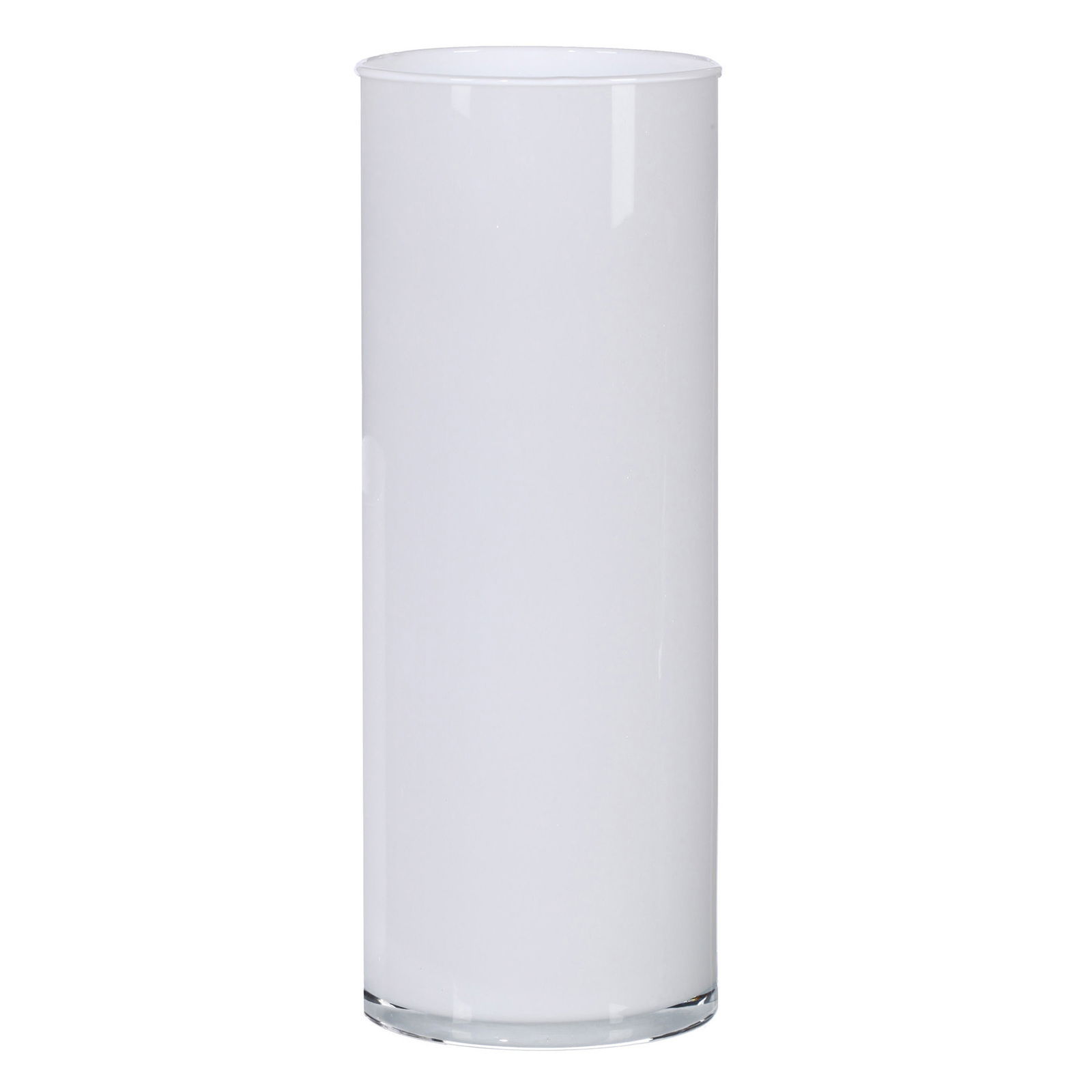 Weiße zylindrische Glasvase, frontal fotografiert