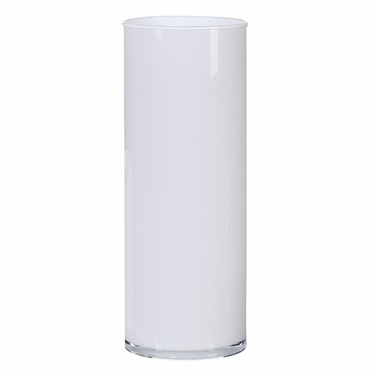 Weiße zylindrische Glasvase, frontal fotografiert
