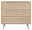 Frontale Ansicht eines Sideboards mit drei Schubladen aus hellem Holz und geflochtenen Einsätzen.
