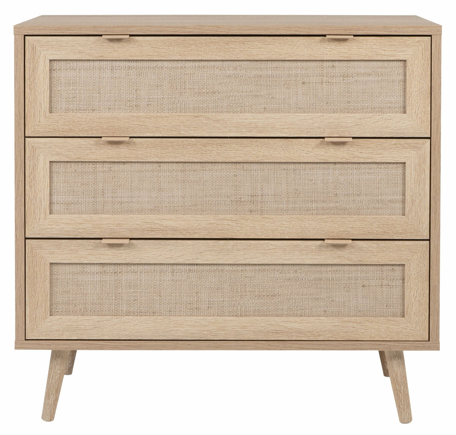 Frontale Ansicht eines Sideboards mit drei Schubladen aus hellem Holz und geflochtenen Einsätzen.
