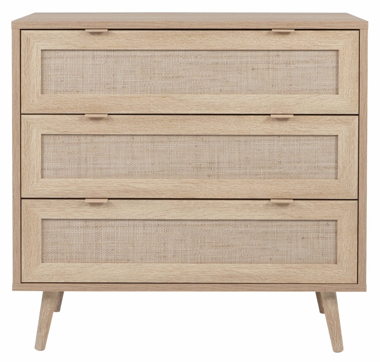 Frontale Ansicht eines Sideboards mit drei Schubladen aus hellem Holz und geflochtenen Einsätzen.