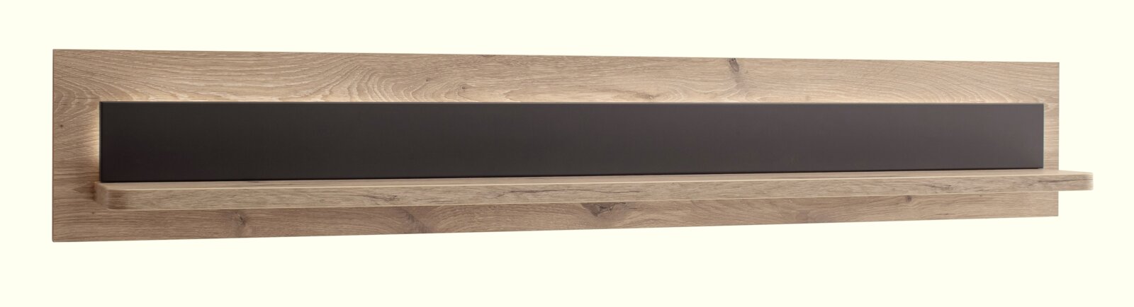 Moderne wandplank/wandpaneel in houtlook met een lang zwart inzetstuk en een smal legvlak, vooraanzicht (recht van voren)