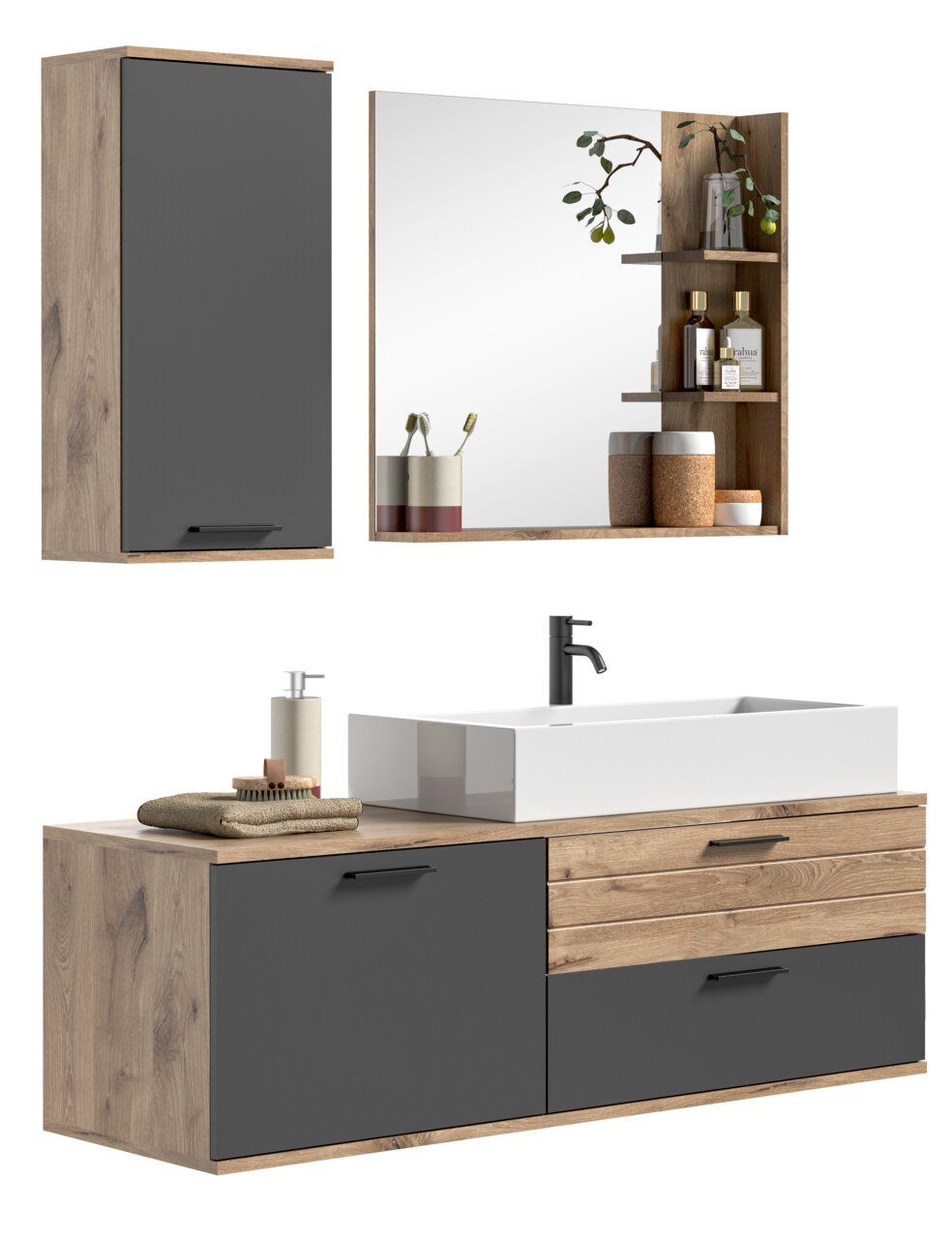MID.YOU Badkombination MASON Moderne Badkombination mit Holz- und Grauelementen, bestehend aus einem Waschtisch mit Waschbecken, einem Spiegel mit Regal und einem Hängeschrank, aus der Frontalperspektive.