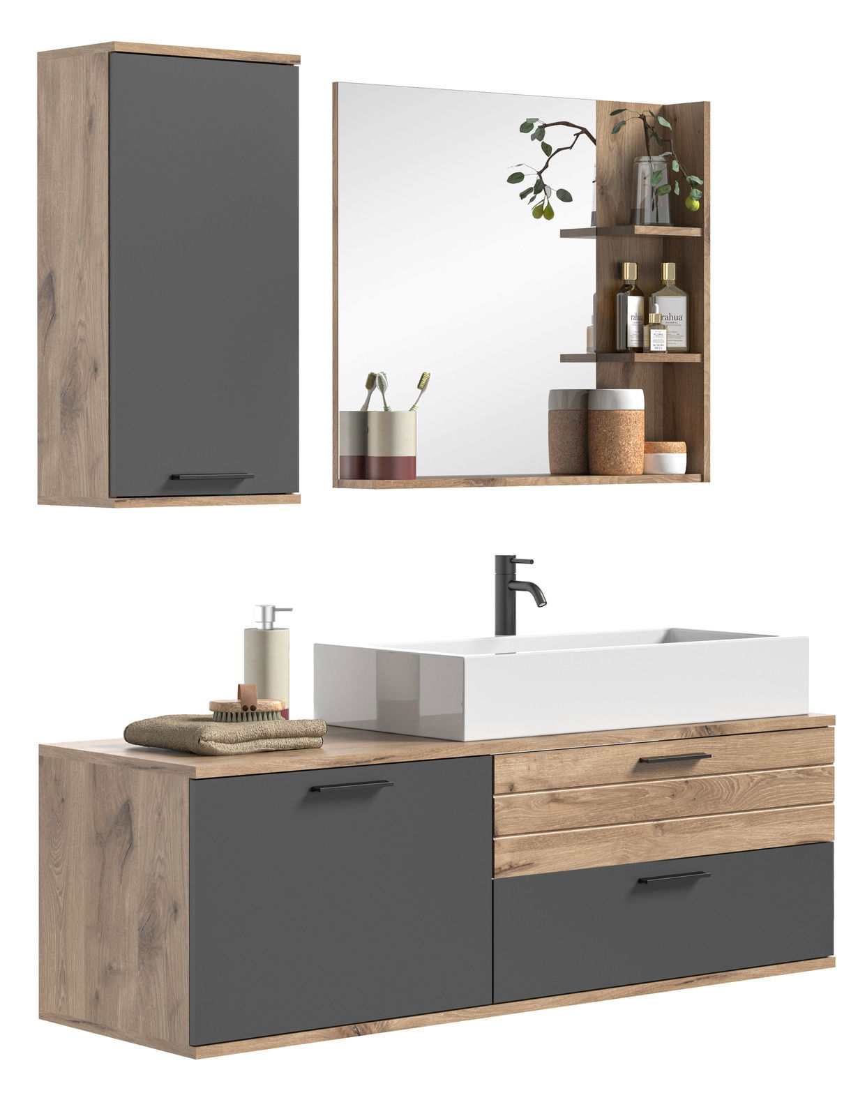 Moderne Badkombination mit Holz- und Grauelementen, bestehend aus einem Waschtisch mit Waschbecken, einem Spiegel mit Regal und einem Hängeschrank, aus der Frontalperspektive.