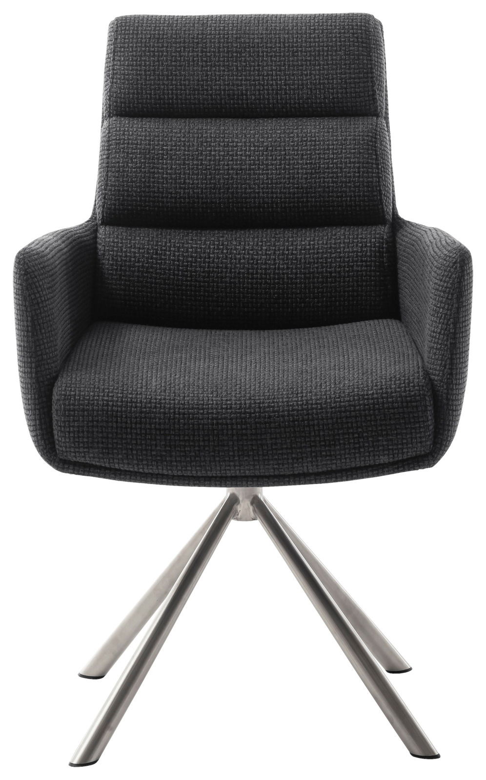 Moderner Armlehnstuhl mit schwarzem Stoffbezug und Metallbeinen, Frontalansicht