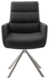 Moderner Armlehnstuhl mit schwarzem Stoffbezug und Metallbeinen, Frontalansicht