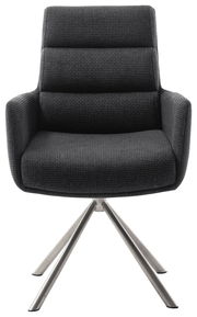 Moderner Armlehnstuhl mit schwarzem Stoffbezug und Metallbeinen, Frontalansicht