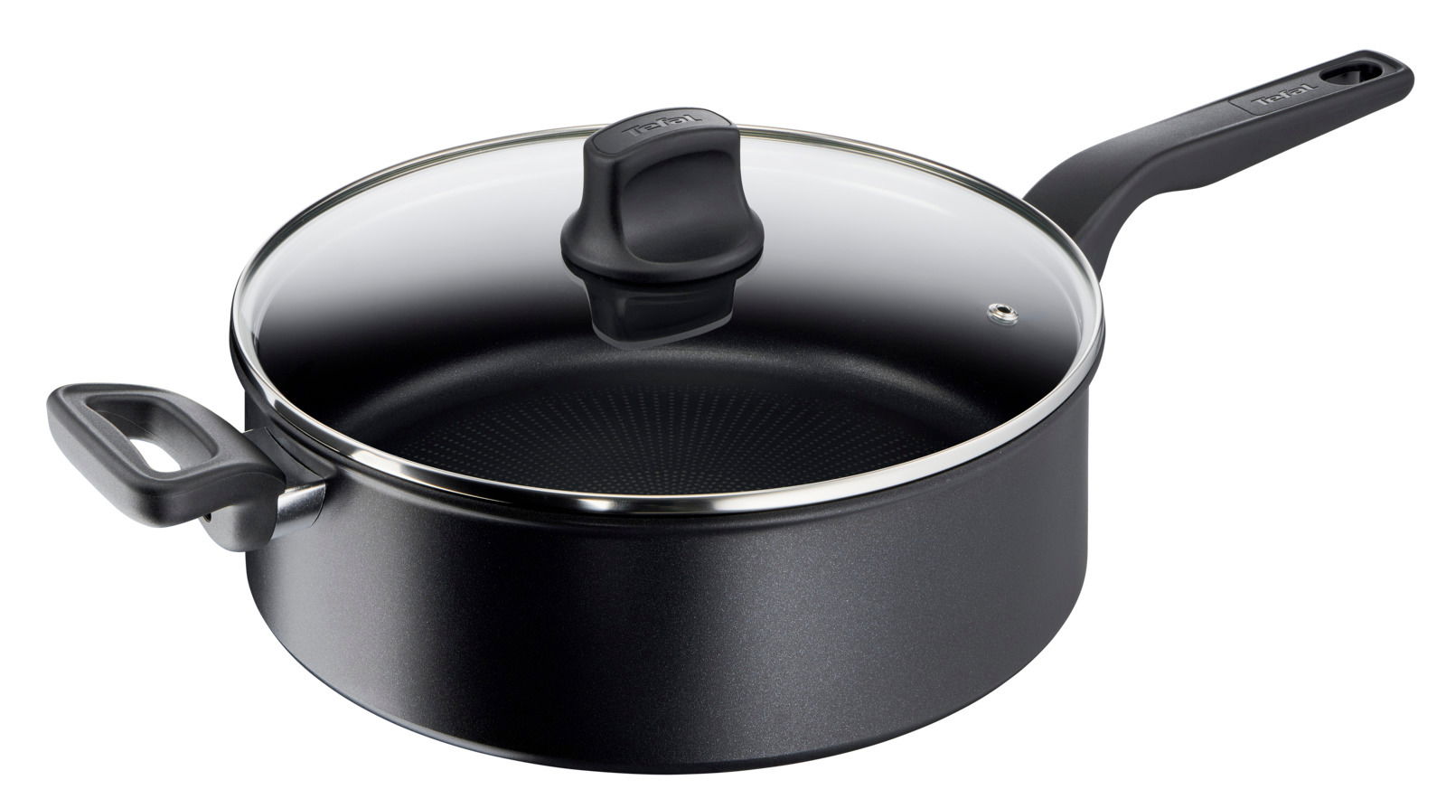 Schwarze Schmorpfanne Titanium 28 cm mit Glasdeckel, seitliche Perspektive