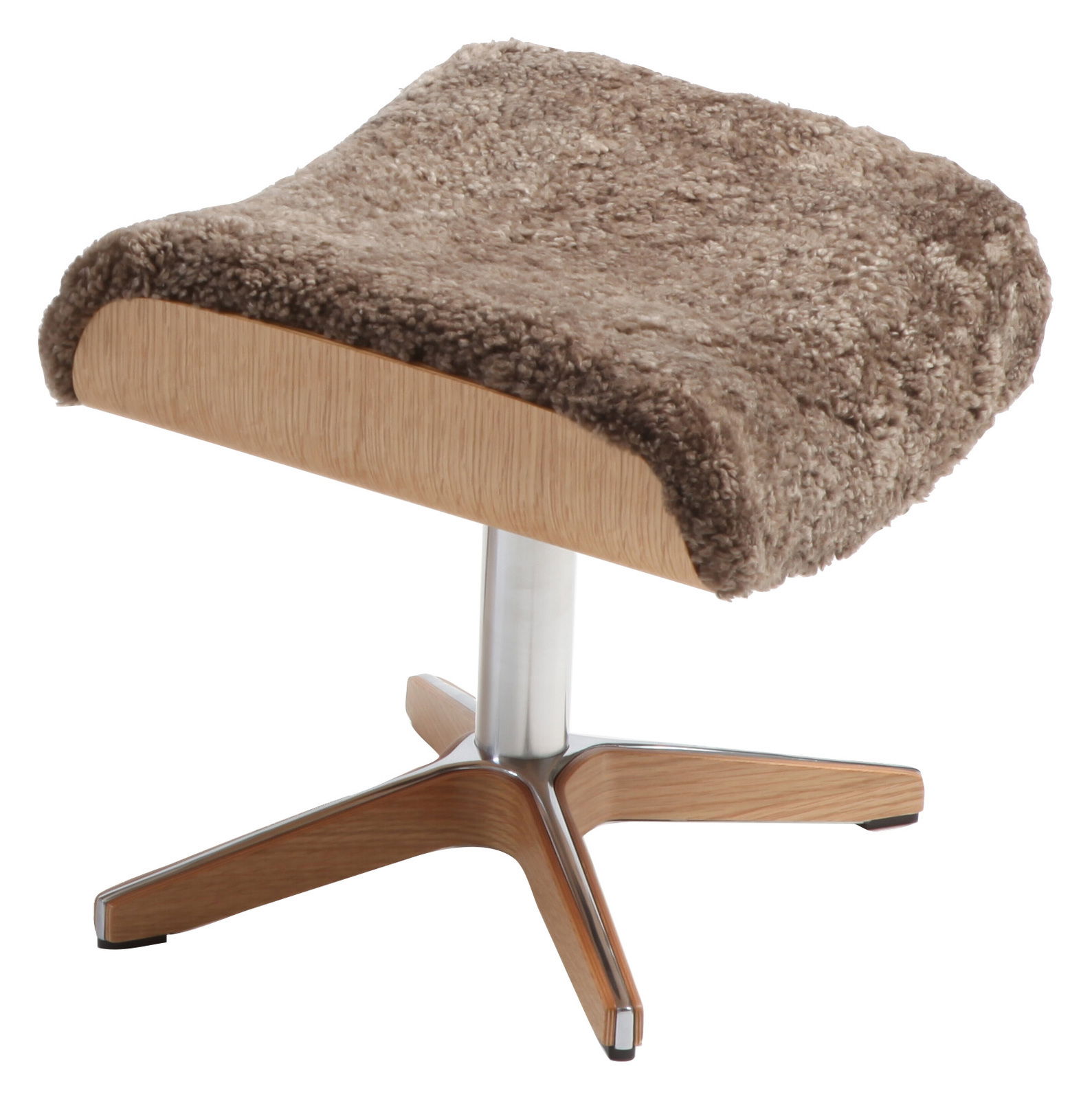 Hocker mit braunem, flauschigem Bezug und Holzfuß, seitliche Perspektive