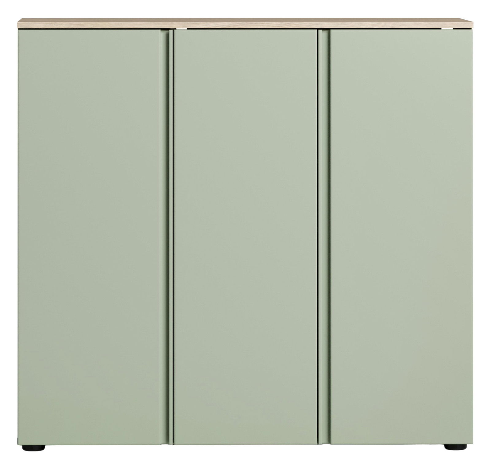 Frontansicht eines XL-Schuhschranks in hellem Grün mit drei Türen und einer Holzoberfläche.
