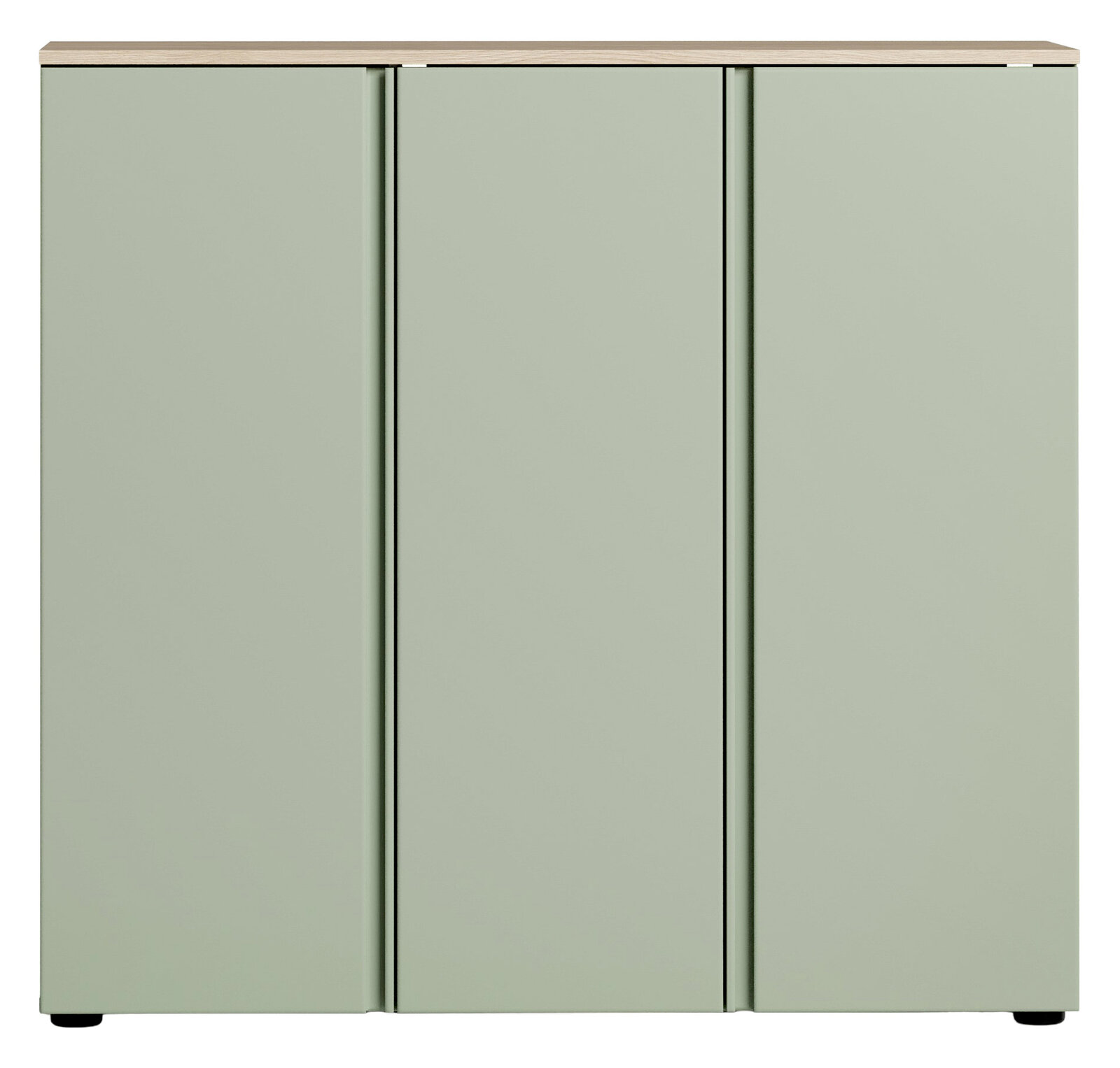 Frontansicht eines XL-Schuhschranks in hellem Grün mit drei Türen und einer Holzoberfläche.