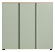 Frontansicht eines XL-Schuhschranks in hellem Grün mit drei Türen und einer Holzoberfläche.