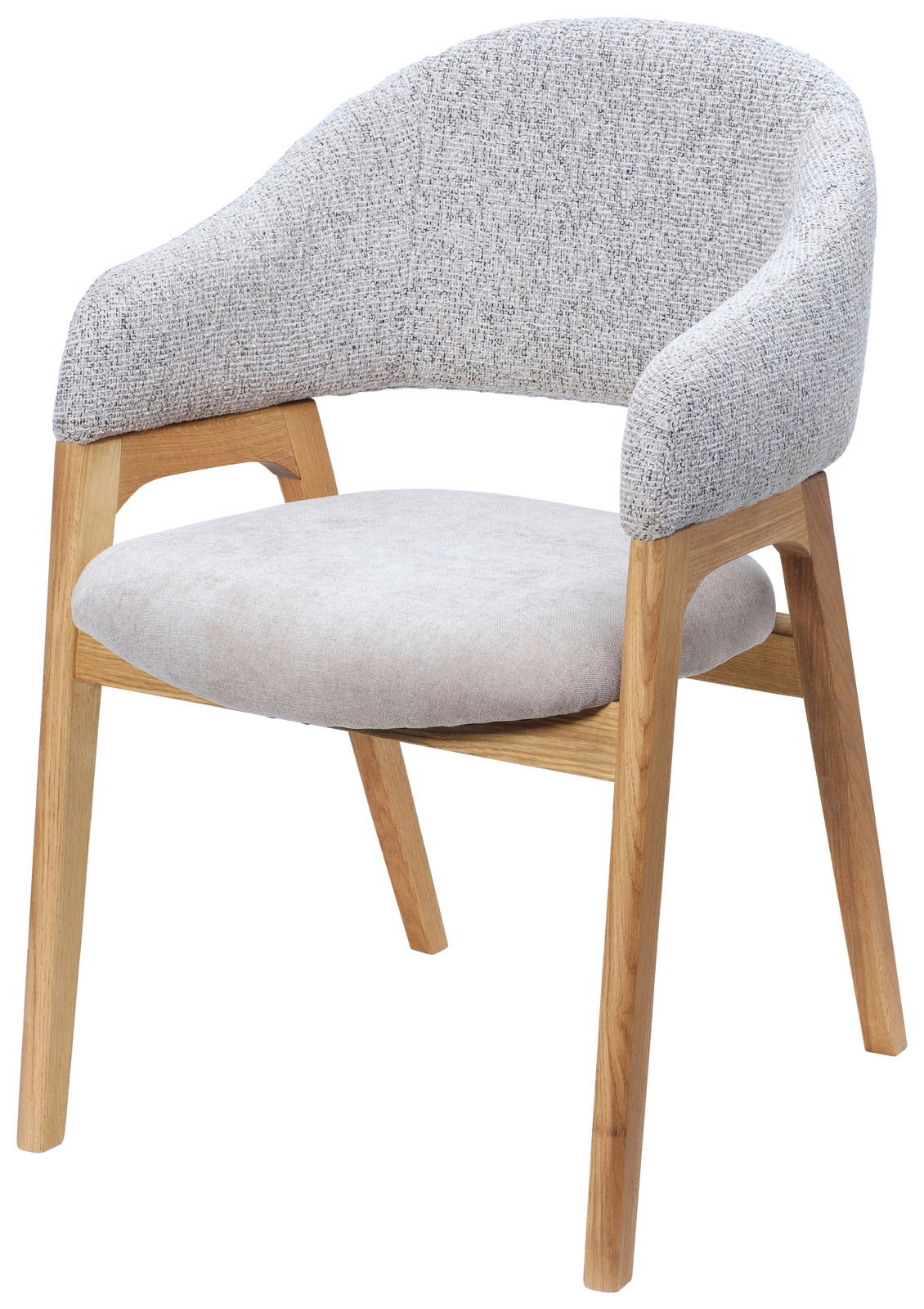 Moderner Armlehnstuhl mit hellgrauem Stoffbezug und Holzgestell, seitliche Perspektive