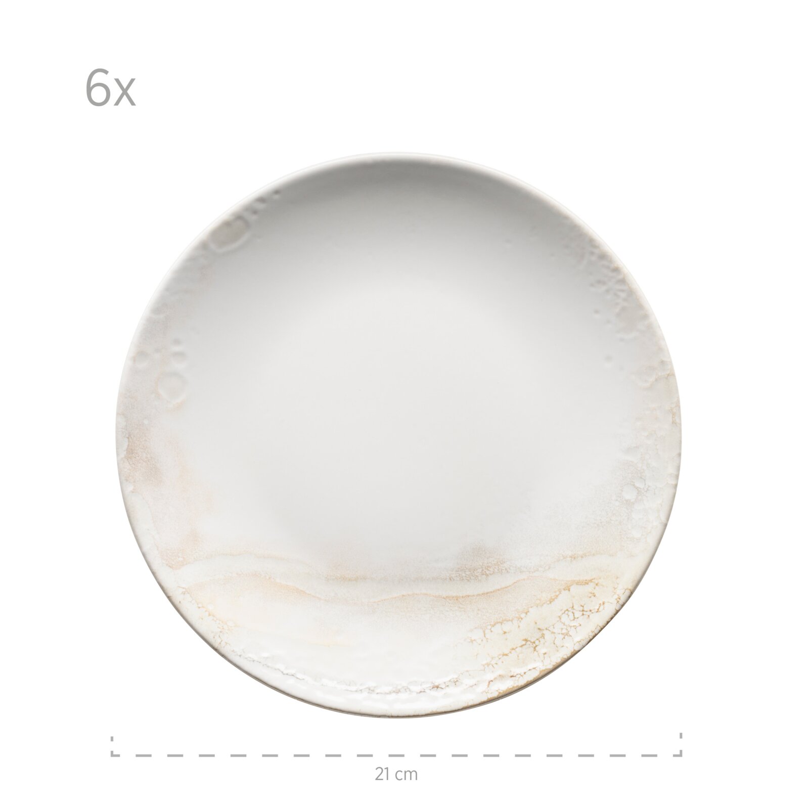 Runder weißer Keramik-Essteller mit dezentem beigem Marmoreffekt am Rand, Ø ca. 21 cm, Draufsicht von oben auf weißem Hintergrund