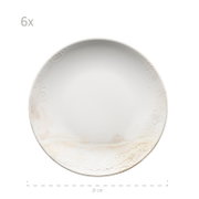 Runder weißer Keramik-Essteller mit dezentem beigem Marmoreffekt am Rand, Ø ca. 21 cm, Draufsicht von oben auf weißem Hintergrund