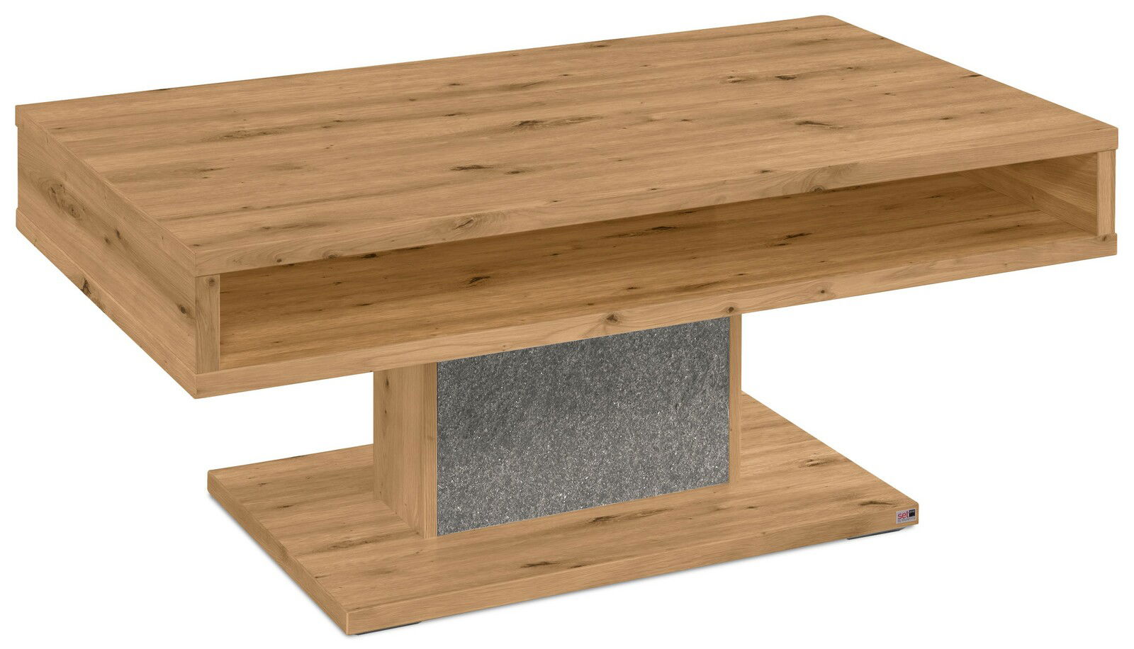 Moderner Couchtisch aus Holz mit rechteckiger Form, offener Ablage und grauem Akzent, seitliche Perspektive