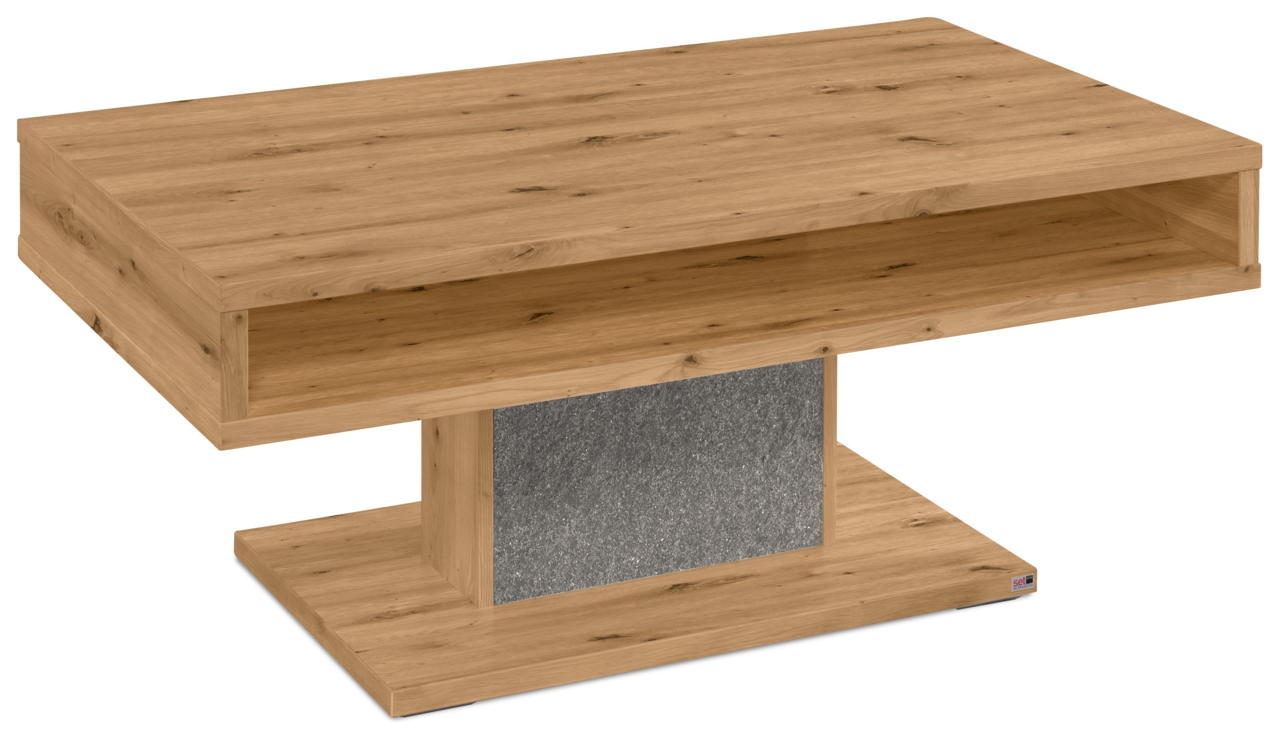 Moderner Couchtisch aus Holz mit rechteckiger Form, offener Ablage und grauem Akzent, seitliche Perspektive