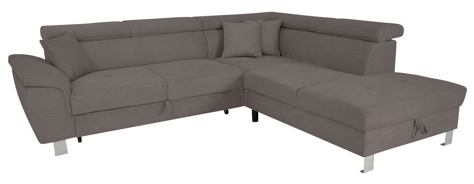 Ecksofa in Grau mit moderner, geradliniger Form und Metallfüßen, Perspektive von vorne links