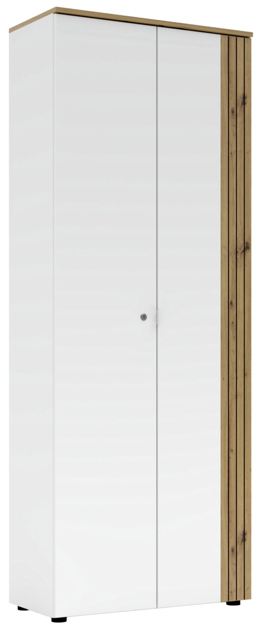 Moderner Büroschrank mit weißen Türen und Holzakzenten, Frontalansicht