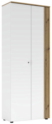 Moderner Büroschrank mit weißen Türen und Holzakzenten, Frontalansicht