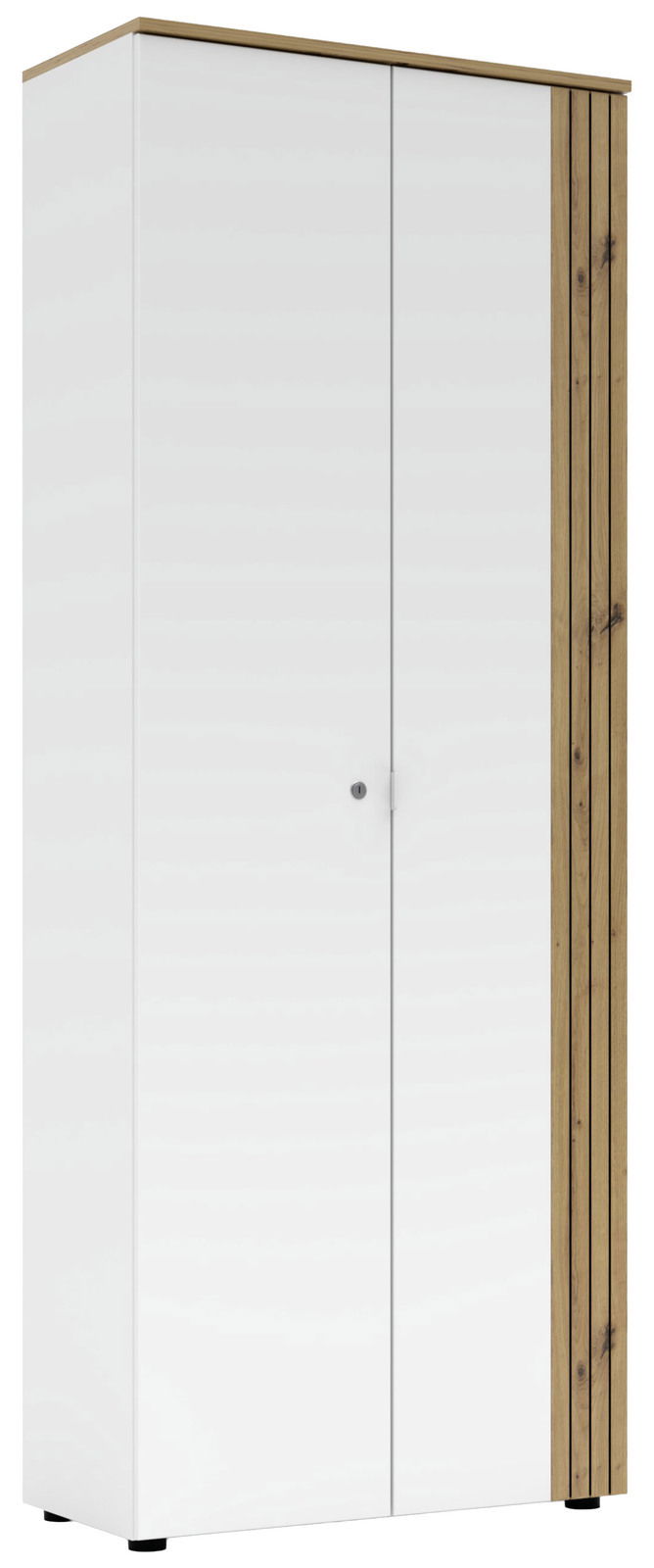 Moderner Büroschrank mit weißen Türen und Holzakzenten, Frontalansicht