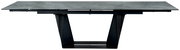 Moderner Esstisch mit grauer Tischplatte und schwarzem, geometrischem Untergestell, seitliche Perspektive