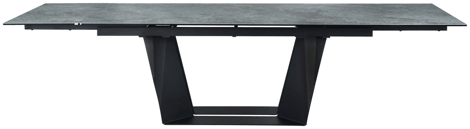 Moderner Esstisch mit grauer Tischplatte und schwarzem, geometrischem Untergestell, seitliche Perspektive