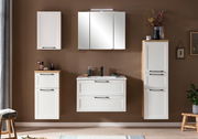 Modernes Waschtisch-Set in Weiß mit mehreren Schränken und Spiegel, frontal betrachtet.