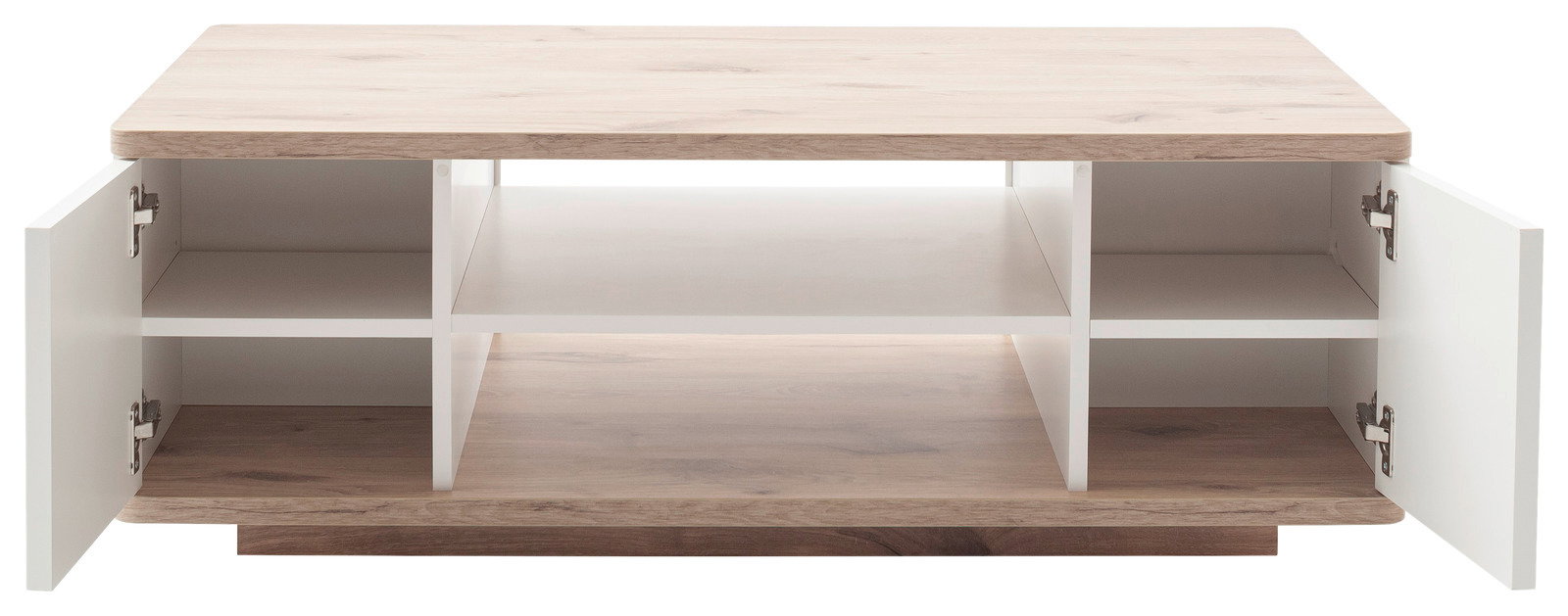 Moderner Couchtisch mit Holzoptik und weißen Regalfächern, Türen geöffnet, Frontalansicht