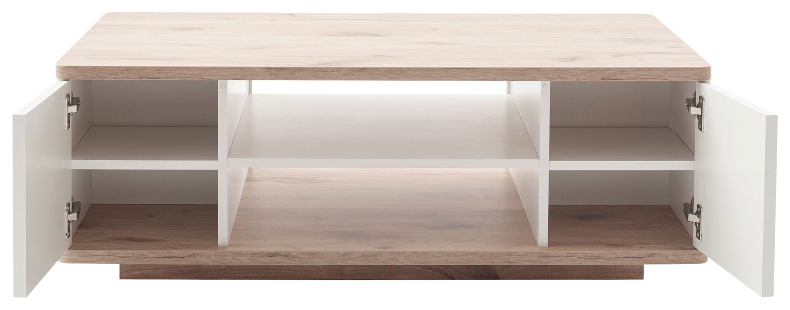 Moderner Couchtisch mit Holzoptik und weißen Regalfächern, Türen geöffnet, Frontalansicht